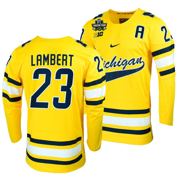 Mens Michigan Wolverines #23 Jimmy Lambert Stitched Nike Gold Hockey Jersey