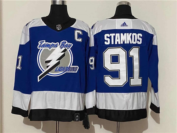 Men's Tampa Bay Lightning #91 Steven Stamkos Blue Adidas 2021 NHL Reverse Retro Special Edition Jersey