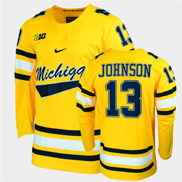 Mens Michigan Wolverines #13 Kent Johnson Stitched Nike Gold Hockey Jersey