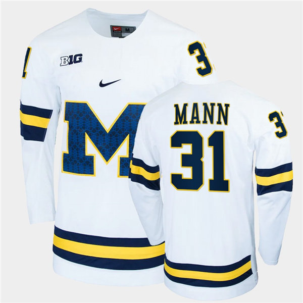 Mens Michigan Wolverines #31 Strauss Mann Stitched Nike White BIG M Hockey Jersey