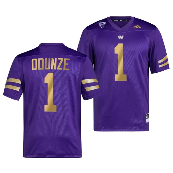Washington Huskies #1 Rome Odunze 2023 PAC12 Purple Gold College Football Game Jersey