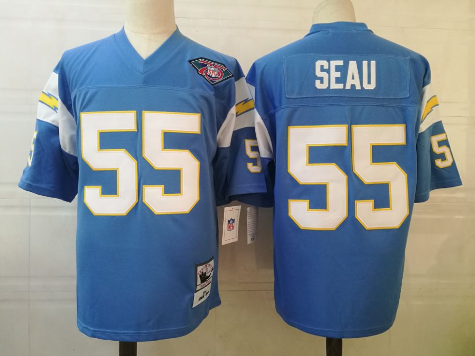 Mens San Diego Chargers #55 Junior Seau Light Blue 75TH Mitchell&Ness NFL Throwback Football Jersey