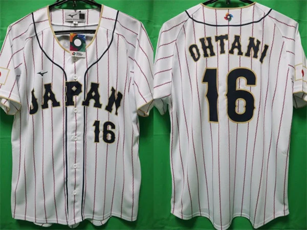 Mens Youth #16 Shohei Ohtani Japan Baseball 2023 World Baseball Classic Replica Jersey White Pinstripe