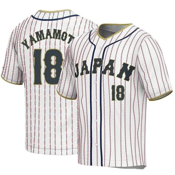 Mens Youth #18 Yoshinobu Yamamoto Japan Baseball 2023 World Baseball Classic Jersey White Pinstripe