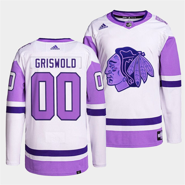 Men's The National Lampoon's Vacation film #00 Clark Griswold Chicago Blackhawks 2021-22 White Purple Hockey Fights Cancer Primegreen Jersey