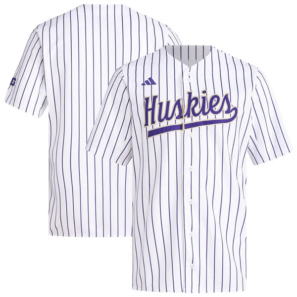 Mens Youth Washington Huskies Custom White Pinstripe adidas Button-Up Baseball Game Jersey