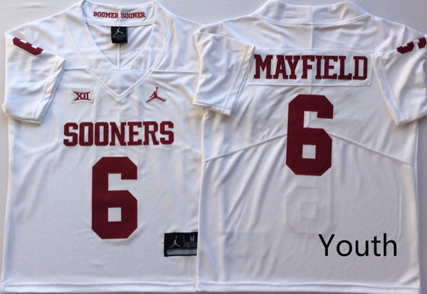 Youth Oklahoma Sooners #6 Baker Mayfield Jordan Brand White College Football Jersey