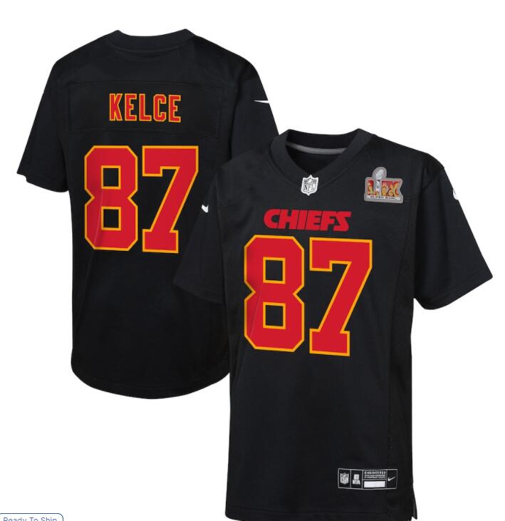 Youth Kansas City Chiefs #87 Travis Kelce Nike Super Bowl LIX Fashion Game Jersey Carbon Black