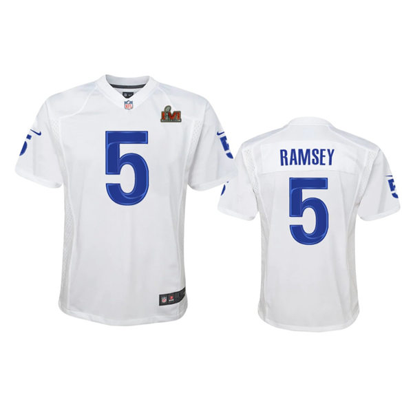 Youth Los Angeles Rams #5 Jalen Ramsey Stitched Nike White Super Bowl LVI Game Fashion Jersey