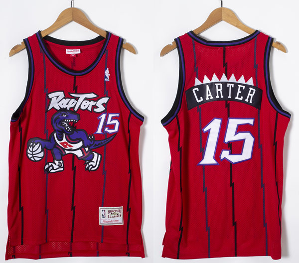 Mens Toronto Raptors #15 Vince Carter Red Black Pinstripe Mitchell & Ness Reload Hardwood Classics Jersey