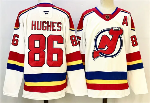 Mens New Jersey Devils #86 Jack Hughes White 2022 Reverse Retro Primegreen Jersey