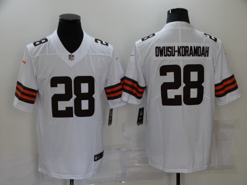 Mens Cleveland Browns #28 Jeremiah Owusu-Koramoah Nike White Away Vapor Limited Jersey