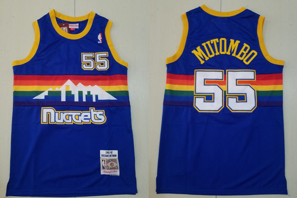 Men's Denver Nuggets #55 Dikembe Mutombo Blue Rainbow 1991-92 Hardwood Classics Throwback Jersey