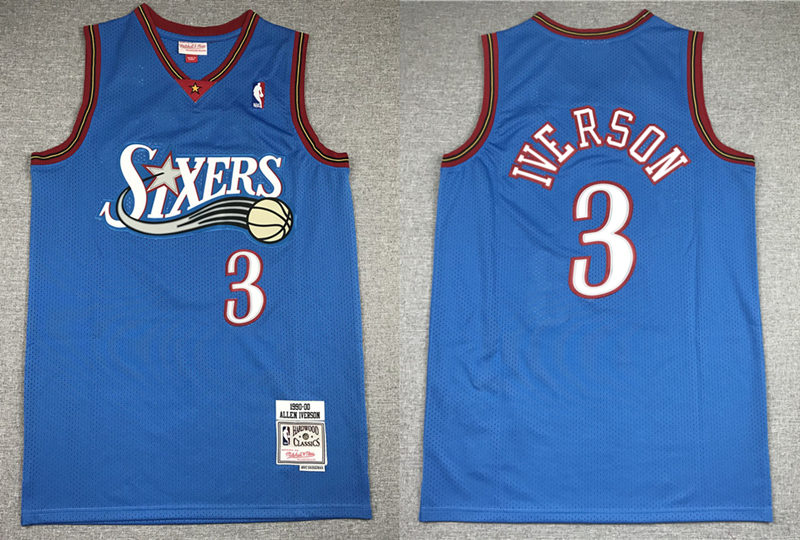 Mens Philadelphia 76ers #3 Allen Iverson 1999-2000 Blue Throwback Hardwood Classics Jersey