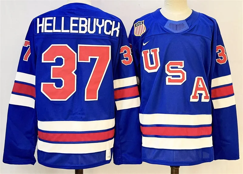 Men's USA #37 Connor Hellebuyck Home Blue 2026 Olympic Hockey Jersey