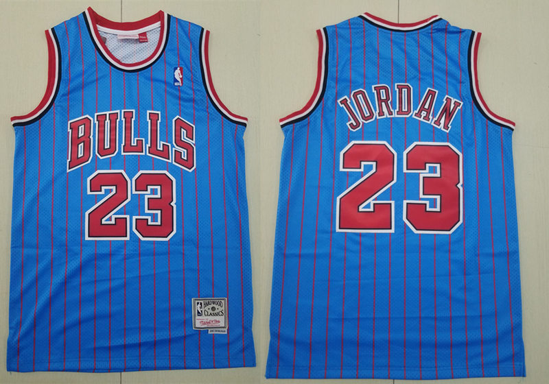Mens Chicago Bulls #23 Michael Jordan Mitchell & Ness Blue Red Pinstripe 1995-96 Hardwood Classics Reload Jersey