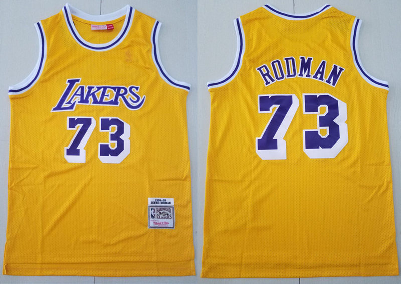 Mens Los Angeles Lakers #73 Dennis Rodman 1998-99 Yellow Mitchell&Ness Throwback Swingman Jersey
