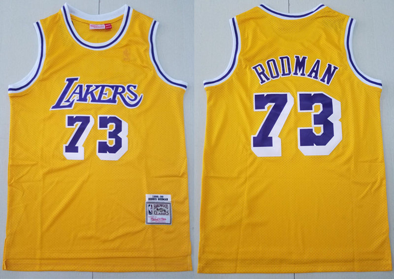 Mens Los Angeles Lakers #73 Dennis Rodman 1998-99 Yellow Mitchell&Ness Throwback Swingman Jersey