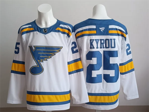Mens St. Louis Blues  #25 Jordan Kyrou Fanatics 2025 White Away Player Premium Jersey
