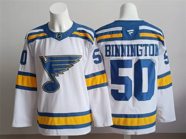Mens St. Louis Blues #50 Jordan Binnington Fanatics 2025 White Away Player Premium Jersey