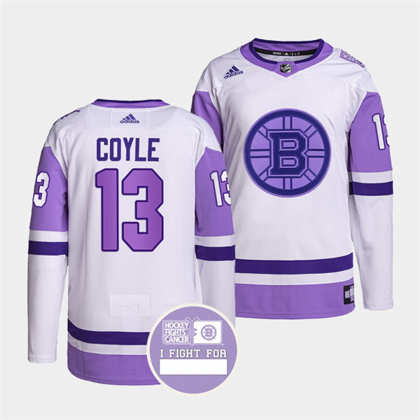 Men's Boston Bruins #13 Charlie Coyle White Purple Hockey Fights Cancer Primegreen Jersey