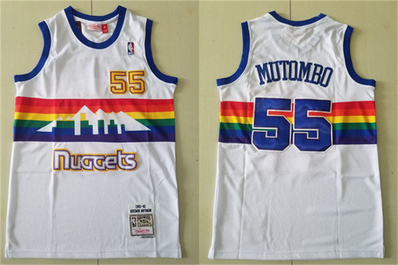 Mens Denver Nuggets #55 Dikembe Mutombo Mitchell & Ness White 1991-92 Reload Hardwood Classics Jersey