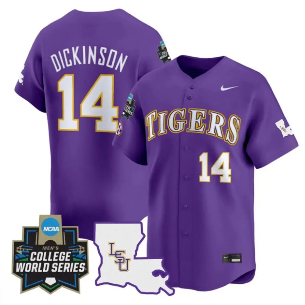 Mens Youth LSU Tigers #14 Daniel Dickinson 2025 Purple College Baseball Game Jersey