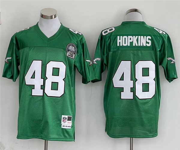Mens Mitchell&Ness NFL Jersey Philadelphia Eagles #48 Wes Hopkins Light Green Throwback with 99TH Patch