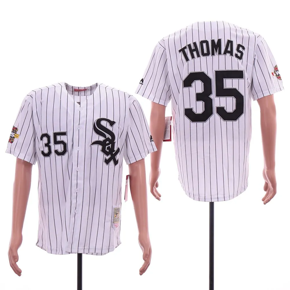 Men's Chicago White Sox #35 Frank Thomas White Pinstripe 2005 World Series Throwback Jersey