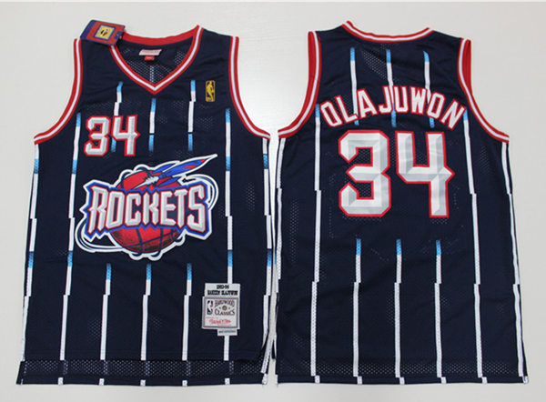 Mens Houston Rockets #34 Hakeem Olajuwon Navy Mitchell & Ness 1996-97 Hardwood Classics Throwback Jersey