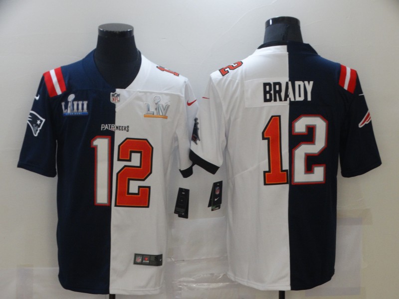 Men's Tampa Bay Buccaneers Mix New England Patriots  #12 Tom Brady Navy White Super Bowl LV Champions Nike Split Vapor Limited Jersey