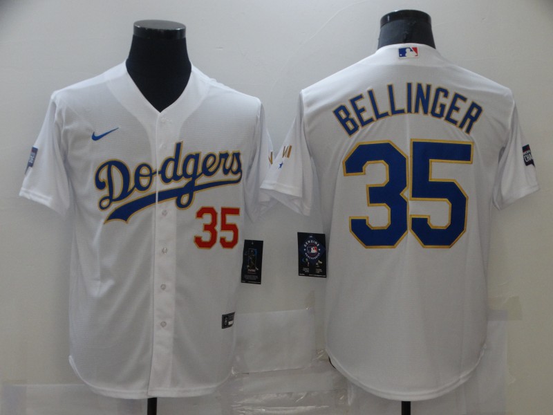 Men's Los Angeles Dodgers #35 Cody Bellinger Nike White/Gold 2021 Gold Program Player Jersey