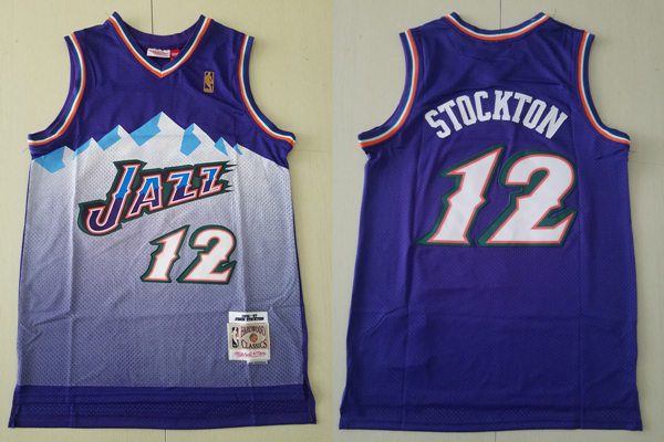 Mens Utah Jazz #12 John Stockton Purple Snow mountain 1996-97 Hardwood Classics Throwback Jersey