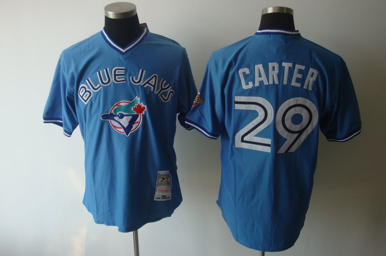 Men's Toronto Blue Jays Throwback Player #29 Joe Carter Light Blue Pullover Majestic Cool Base Cooperstown Collection Jersey