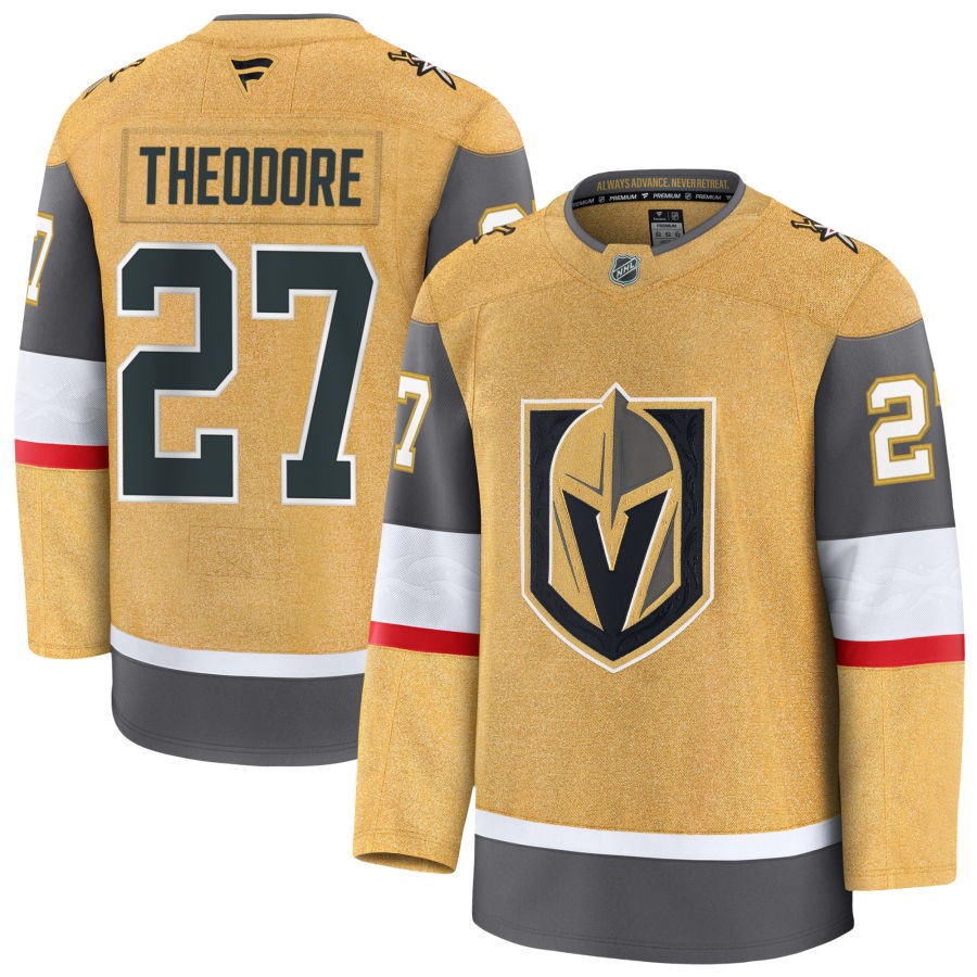 Mens Vegas Golden Knights #27 Shea Theodore Stitched Fanatics Gold Home Player Jersey