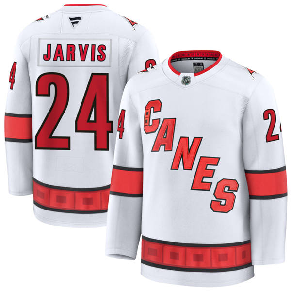 Mens Carolina Hurricanes #24 Seth Jarvis Fanatics White Away Premier Player Jersey