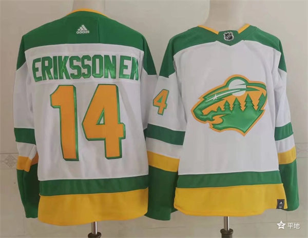 Mens Minnesota Wild #14 Joel Eriksson Ek Adidas White 2021 NHL Reverse Retro Jersey