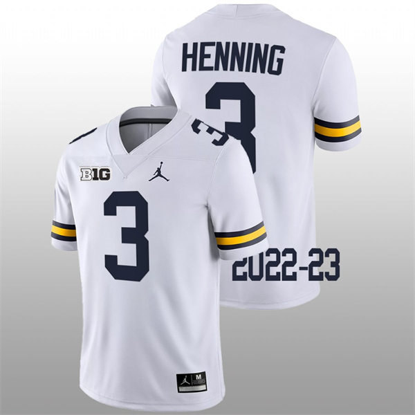 Mens NCAA Michigan Wolverines #3 A.J. Henning Brand Jordan White Stitched College Football Jersey