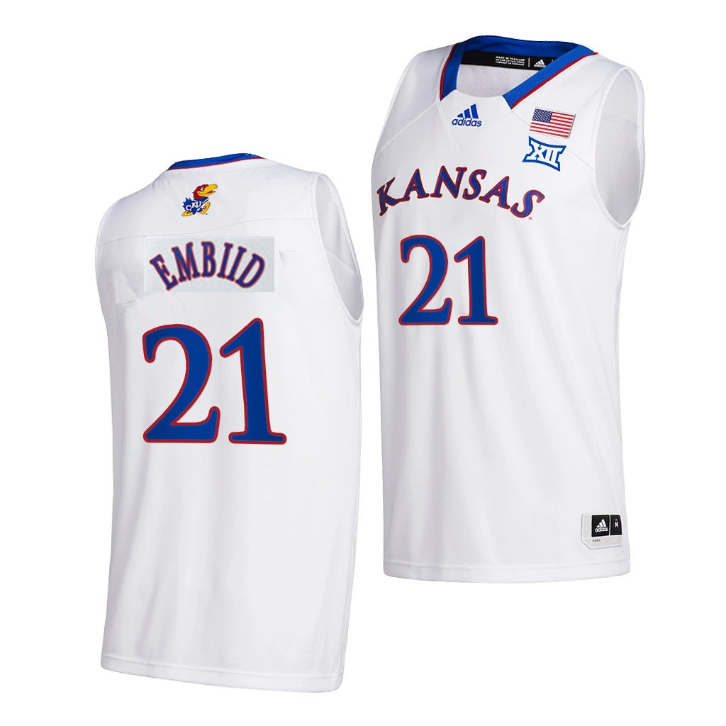 Mens Kansas Jayhawks #21 Joel Embiid White Adidas Stitched College Basketball Game Jersey